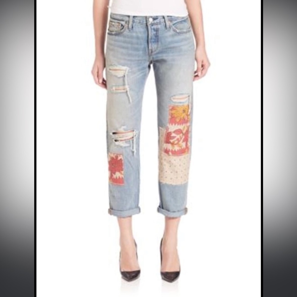 Levis Blue 501 Ct Distressed Patchwork Crop Rolled Boyfriend Jeans Sz 25 🦋